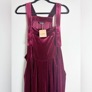 Bloomchic Plus Size 18-20 Retro Velvet Burgundy Overall Adjustab Straps Wide Leg